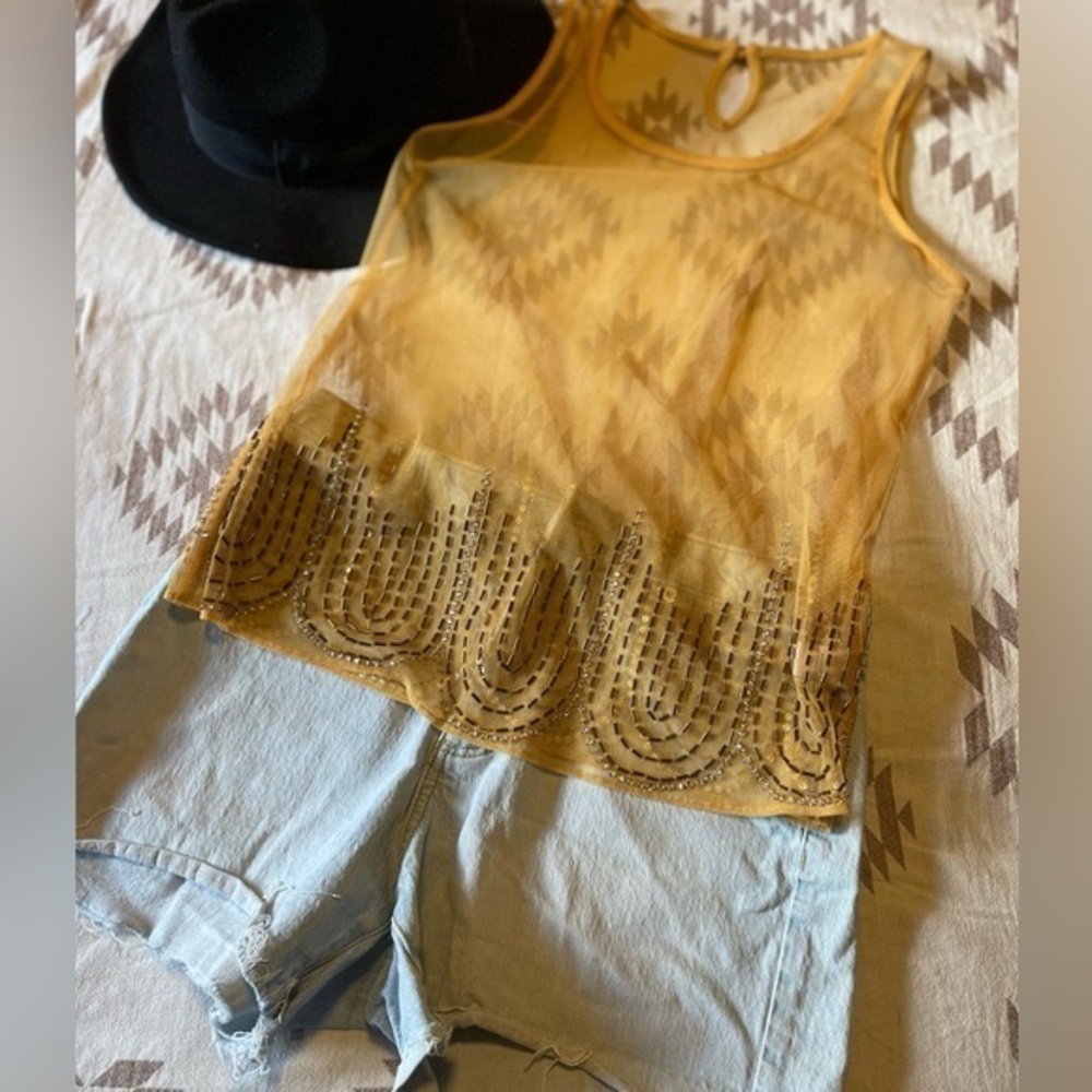 Embroidered beaded detail sheer yellow tank 5/$20